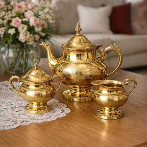Luxury Brass <b>Tea</b> <b>Set</b> with Teapot, Cups, Saucers and Serving Tray – Traditional Indian Handcrafted Brass <b>Tea</b> & Coffee <b>Set</b> - Product Image 1