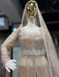 Ensemble Lehenga Choli indien pakistanais brodé de sequins beiges, longueur au sol, voile en filet, robe de soirée de mariage pour femmes - Product Image 2
