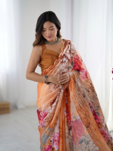 Elegant <b>Orange</b> Floral Printed Heavy Chinnon <b>Saree</b> With Mirror Work For Women Wedding Wear Casual Wear <b>Saree</b> - Product Image 5