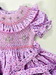 Envío Inmediato: Hermoso Vestido de Verano con Corazones Geométricos Multicolor Bordados a Mano, Cuello Redondo, Manga Corta, Corte en A, para Niñas, 100% Algodón - Product Image 2