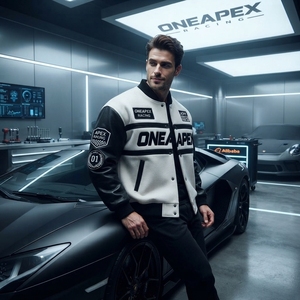 เสื้อแจ็คเก็ตแข่งรถสีดำขาวสำหรับผู้ชาย แจ็คเก็ตบอมเบอร์ลายตัวอักษรแนวมอเตอร์สปอร์ต เสื้อผ้าสตรีทแวร์ปักลาย ขายส่ง - Product Image 4