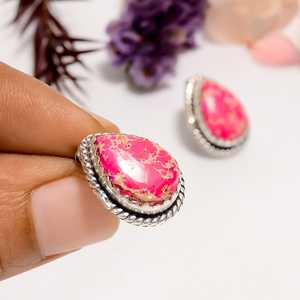 Pink Sea Sediment Jasper <b>Stud</b> Earrings, 925 <b>Sterling</b> <b>Silver</b> Gemstone Jewelry, Handmade Wedding Gift for Her - Product Image 2