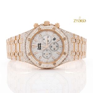 Montre chronographe de luxe ETA Skeleton Iced Moissanite Diamond unisexe en or rose, acier inoxydable, quartz, cadran en verre, 41 mm - Product Image 2