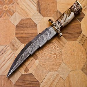 Zombie Damascus Steel Hunting <b>Knife</b> Drop Point Blade Bevel Edge 0.6mm Thickness Marble Handle Hand Forged Design - Product Image 6