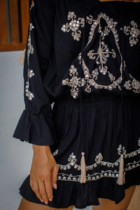Black Off-the-shoulder Floor-Length 100% Cotton Eco-Friendly Kaftan <b>Dress</b> | Boho Beach Cover-Up Party Wear <b>Tassel</b> Floral Print - Product Image 3