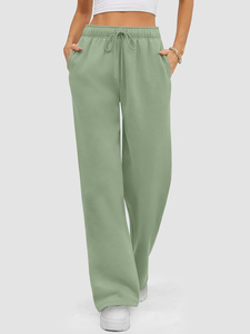 Pantalon en molleton à taille haute et jambes larges pour femme, couleur unie, fermeture à cordon, coupe ample, longueur intégrale, décontracté, pour l'automne, vert, unisexe - Product Image 3