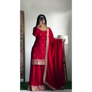 TOP DE TRABAJO BORDADO EN SEDA CHINON FANTY PALAZZO CON DUPATTA ROJO - Product Image 1