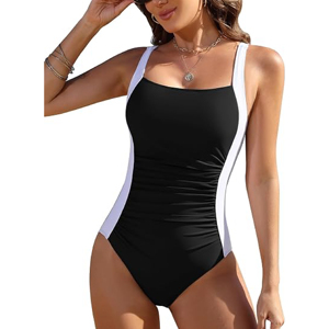Maillot de bain une pièce amincissant colorblock pour femme avec effet ventre plat et fronces, idéal pour la plage - Product Image 1