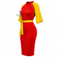 NSPDK Robe midi moulante pour femme, rouge et or, à blocs de couleurs contrastées, avec manches cape, détails boutonnés et ceinture à nouer à la taille, style décontracté