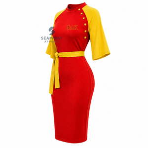 NSPDK Vestido midi ajustado de color rojo y dorado con bloques de color en contraste para mujer, vestido informal ajustado con detalle de botones y lazo en la cintura - Product Image 2