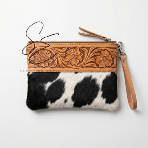 Cowgirl Tooled Leather & Cowhide <b>Wristlet</b> Clutch Wallet Handmade Floral Embossed Zipper Pouch for Women Genuine Leather Bag - Product Image 1