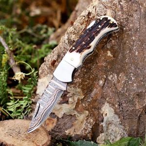 Cuchillo de caza de acero damasco inoxidable con punta de gota y hoja recta, mango de asta, cuchillo plegable de bolsillo en oferta - Product Image 6