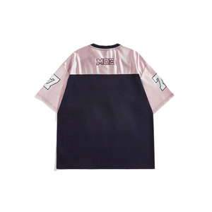 Trendy 2027 Pink Satin Raglan Sleeve Pearl <b>Rhinestone</b> American Football Jersey Cropped <b>Mesh</b> Y2K Hip Hop Women's Streetwear <b>Top</b> - Product Image 4