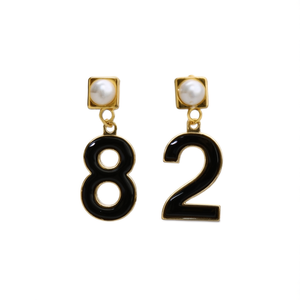 14K Gold Plated Onyx and Pearl Drop Stud Earrings-Trendy Geometric Number Design for Party - Product Image 2