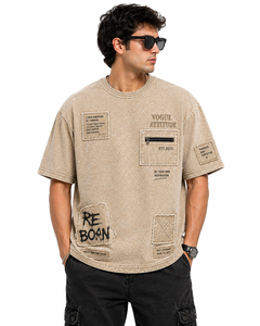 Custom Men's Oversized Cotton T <b>Shirt</b> <b>Patchwork</b> Design Beige Streetwear Tee Short Sleeve Front Logo Casual Fashion Boxy Fit - Product Image 4