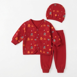 Conjunto de Ropa de 3 Piezas para Bebé, Color Rojo, Cárdigan de Manga Larga, Pantalones y Gorro con Estampado de Dibujos Animados, Algodón Suave, Cintura Elástica, Pijama para Verano e Invierno - Product Image 6