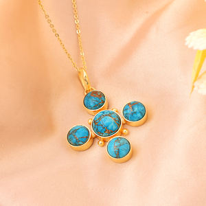 Collar de bisutería religiosa con colgante de cruz de turquesa azul Mohave, collar llamativo de latón chapado en oro de 18k - Product Image 4