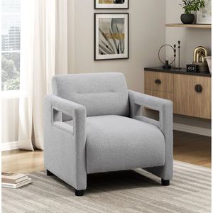 Poltrona di Lusso con Cuscino Grigio, Rivestimento in Bouclé, Struttura in Compensato per Arredamento Casa, Sedie da Soggiorno - Product Image 1