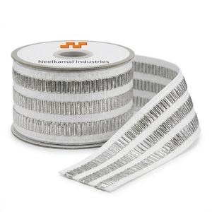 Cinta Metálica Plateada Lurex de 25 mm de Neelkamal Industries, Cinta Tejida con Rayas Blancas para Adornos de Prendas y Accesorios de Moda - Product Image 1