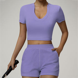 Camiseta Deportiva Personalizada para Mujer, Color Nude Sólido, Cómoda, Suave, Ajustada, Cuello en V, Manga Corta, para Fitness, Yoga, Gimnasio - Product Image 1