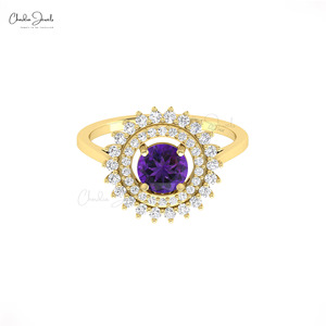 Custom 14k Fine <b>Gold</b> Double Halo <b>Ring</b> with 6mm Round Cut Amethyst & White Diamond Engagement <b>Cocktail</b> <b>Ring</b> from Chordia Jewels - Product Image 1