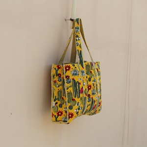 Sac fourre-tout élégant en velours de coton matelassé, imprimé floral cactus, double poignée, écologique, léger, pliable, pour le voyage et le shopping - Product Image 3