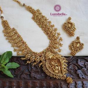 South India Jewels Gold Plated Long Haram Bridal Jewelry Set with Earrings - Product Image 2