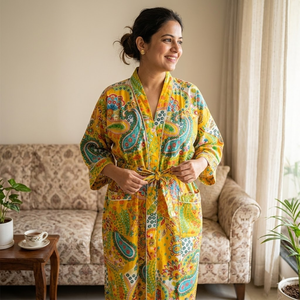 Kimono de Algodón Amarillo con Estampado Floral de Primera Calidad |   Bata de dormir de manga larga con cuello en V para mujer |   Bata Ajustada con Cordón de Alta Calidad, Diseño Exclusivo - Product Image 2