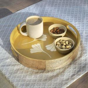 Cadre en bois naturel rond Ginkgo Biloba jaune moutarde et base en émail ocre chaud - Product Image 1