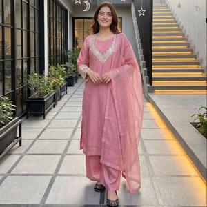 Elegant Pink Embroidered Salwar Suit for Women Designer Baby Pink <b>Kurta</b> Pant Dupatta Set - Product Image 1