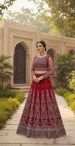 Lehenga Choli Rouge Brodé, Robe de Mariage Traditionnelle pour Femme, Longueur au Sol, Tenue de Mariée Indienne et Pakistanaise en Soie, Collection 2026 - Product Image 1