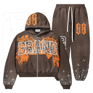Conjunto de Sudadera con Capucha y Pantalones Deportivos Unisex de Moda Urbana con Cremallera Completa y Estampado de Diamantes de Imitación para Otoño, Ropa Deportiva para Adultos - Product Image 1