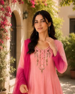 Conjunto de pantalón y kurti acampanado de gasa con bordado en el cuello, estilo Anarkali, en tono ombre rosa, ropa étnica india, salwar kameez pakistaní. - Product Image 2