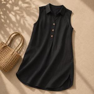 Robe midi en coton et lin pour femmes, sans manches, col en V, boutonnée sur le devant, robe d'été décontractée, robe de plage, tenue de vacances bohème - Product Image 3