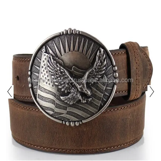 Classic Style hand painted brown tone leather casual belt with high quality heavy duty eagle flying over American flag buckle