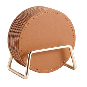 PU <b>Tan</b> Leather Absorbent Drink Round Leather Coasters with Metal Holder Stand Set of 6 - Product Image 1