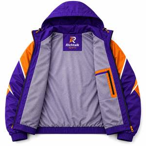 <b>Men's</b> Hooded <b>Racer</b> <b>Jacket</b> Purple Orange Color Blocking Windproof Zipper Front Logo Sporty Autumn Wear - Product Image 4