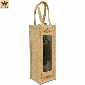 Sac cadeau pour bouteille de vin en jute naturel laminé, emballage cadeau pour vin, 13x36x13 cm, logo personnalisé, vente en gros, OEM, commande en gros, modèle SNC140A - Product Image 1