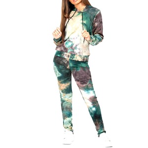 Women Navy Blue Cloud Wash Tie Dye Hoodie Two Piece Set Long Sleeve Drawstring Slim Jogger <b>Pants</b> Sweatsuit Loungewear Set - Product Image 3