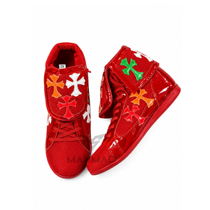Chaussures de boxe montantes rouges personnalisées RTS avec patchs croisés colorés, à lacets, en cuir respirant, pour le sport - Product Image 3