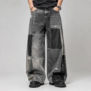 Jean en denim déchiré noir délavé pour homme, coupe large, taille mi-haute, style ample, effet vieilli, écologique, imperméable, hiver-automne - Product Image 4
