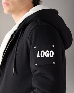 Mens Black Zip Hoodie Custom Logo Embroidered 100% Cotton Heavyweight Fleece Fur Full Zip Streetwear Hoodies Wholesale - Product Image 5