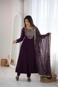 georgette <b>women</b>’s embroidered purple Anarkali <b>kurta</b> pant dupatta ethnic outfit breathable fabric smooth drape festive clothing - Product Image 3