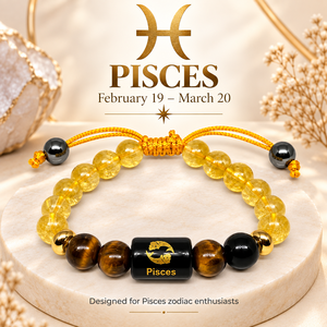 Pulsera de Cuarzo del Zodiaco Piscis de Grado Premium con Cuentas Negras Grabadas, Estilo Feng Shui con Símbolo Sánscrito - Product Image 4