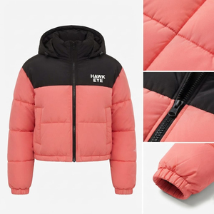 Women's Quilted <b>Cropped</b> <b>Puffer</b> <b>Jacket</b> Block Color Hooded Zipper Front Logo Winter Warm Short Length Full Sleeve - Product Image 4