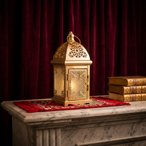 Lanterne marocaine de prestige avec un design architectural en métal et un verre texturé pour une décoration intemporelle du Ramadan et des mariages - Product Image 1