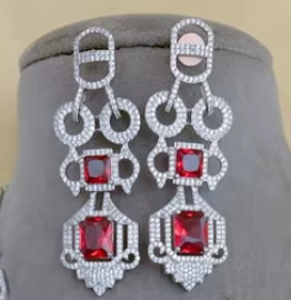 Elegante Juego de Collar y Aretes Plateados con Cristales Rojos y Diseño Geométrico para Mujer, Joyería para Fiestas - Product Image 2