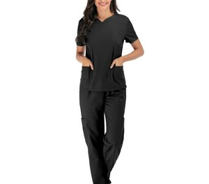 <b>Women</b> <b>Black</b> Scrub Set Short Sleeve <b>Pants</b> Cotton Polyester Knitted Breathable Comfortable Stretch Hospital Uniforms - Product Image 1