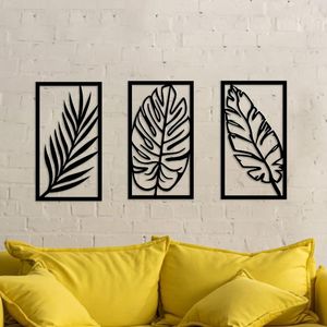 Ensemble de 3 décorations murales en métal faites à la main en forme de feuilles avec cadres noirs pour le salon, l'hôtel, la chambre à coucher, décoration murale intérieure - Product Image 3