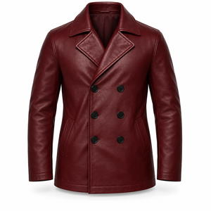 <b>Men's</b> Premium Wine Red <b>Leather</b> Double Breasted <b>Blazer</b> Classic Notch Lapel Short Coat Business Casual Winter Outerwear OEM Whole - Product Image 1